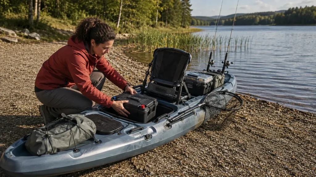 Anglerin verstaut Akku, Tackle und Drybag verteilt in einem blau-grauen Fishing-Kajak