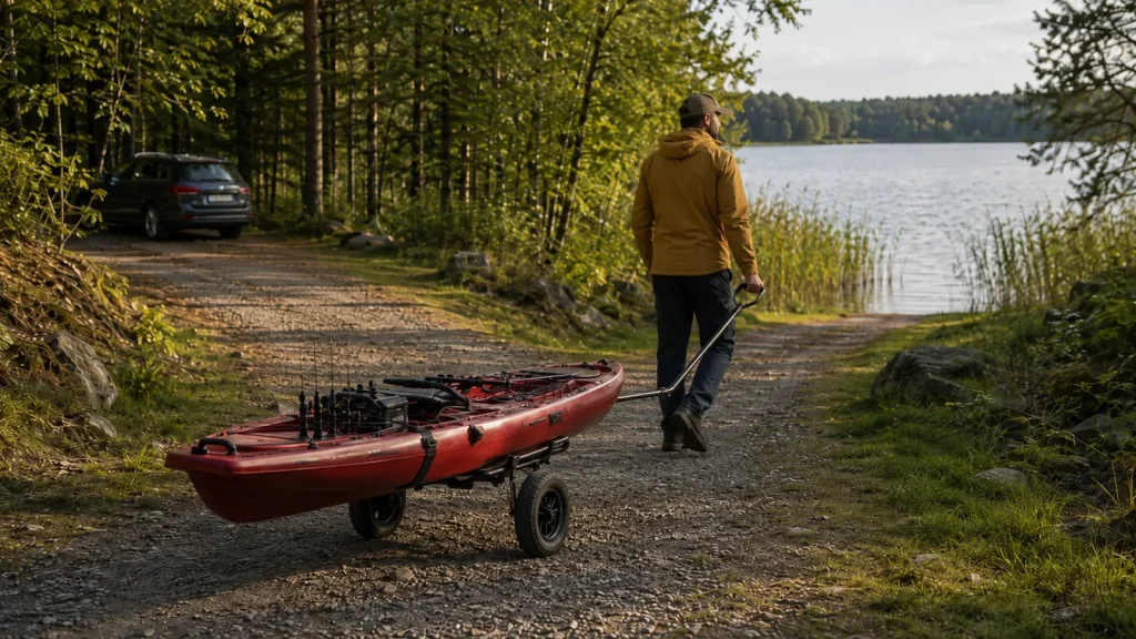 Bärtiger Angler zieht ein rotes Angelkajak auf einem Kajakwagen über einen Kiesweg zum See
