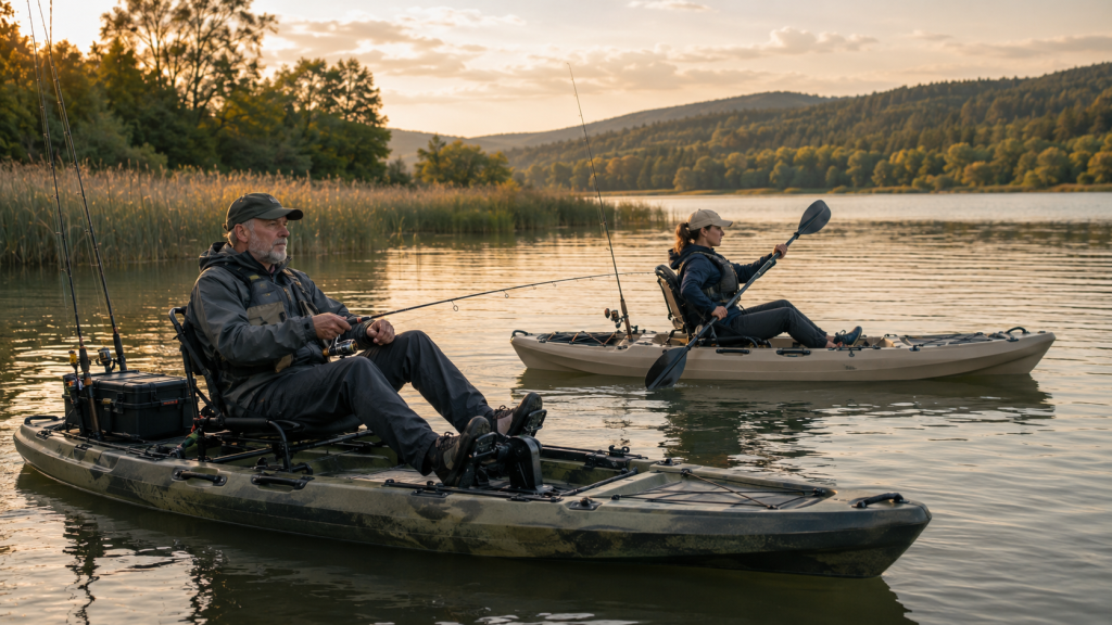Älterer Angler im Pedalkajak und Anglerin im Paddelkajak auf einem ruhigen See