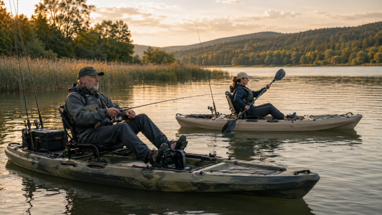 Älterer Angler im Pedalkajak und Anglerin im Paddelkajak auf einem ruhigen See
