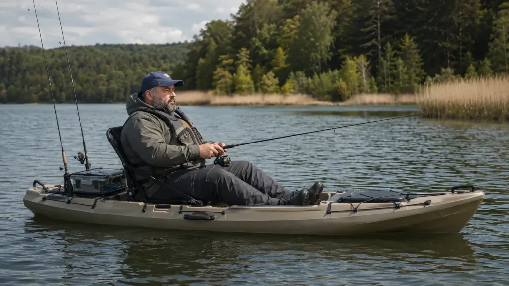 Kräftig gebauter Angler sitzt in einem breiten sandfarbenen Fishing-Kajak auf einem ruhigen See