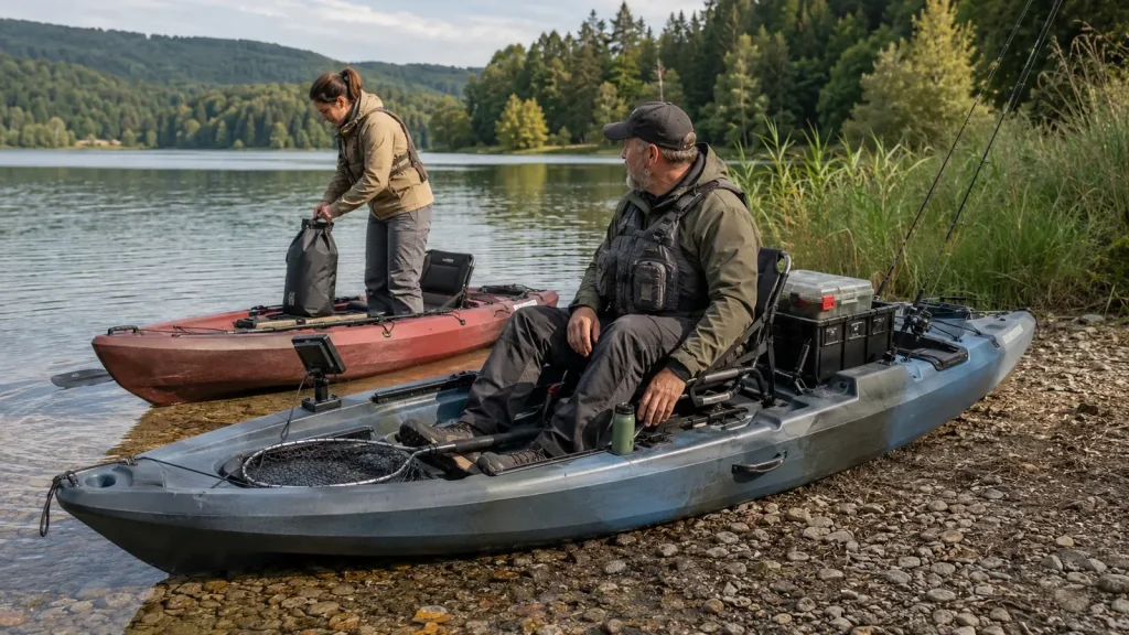 Kräftiger Angler und Anglerin bereiten zwei unterschiedlich große Angelkajaks mit Ausrüstung am See vor