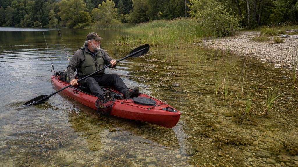 Älterer Angler paddelt ein rotes Angelkajak durch flaches Wasser am Schilfgürtel