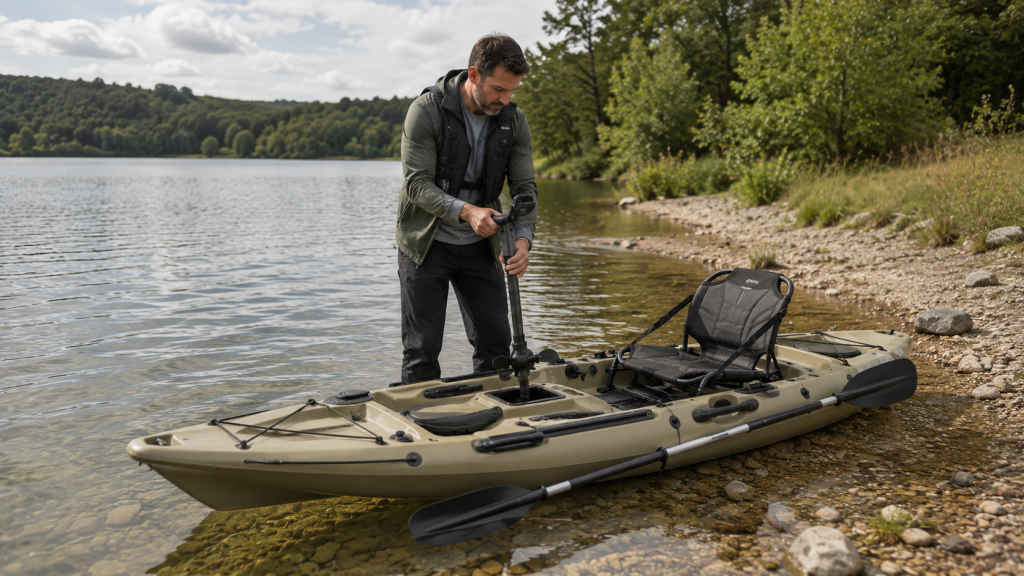 Angler hebt eine Pedal-Propeller-Einheit aus dem Antriebsschacht eines Angelkajaks
