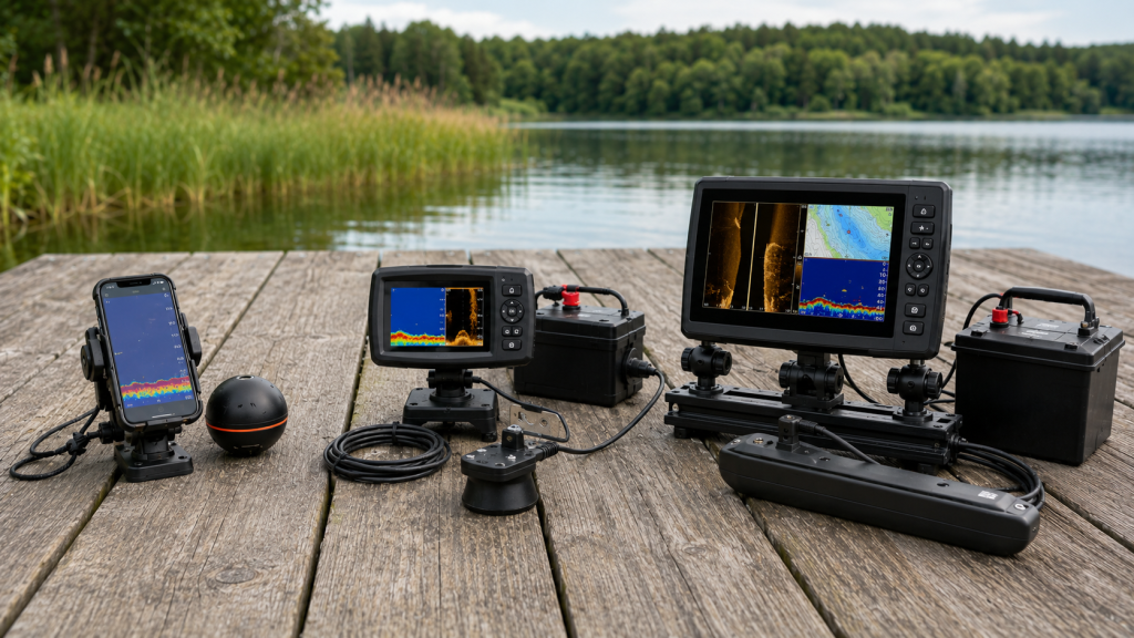 Smartphone-Sonar, kompaktes 4-Zoll-Echolot und großes Fishfinder-System mit Akku und Geber auf einem Holzsteg