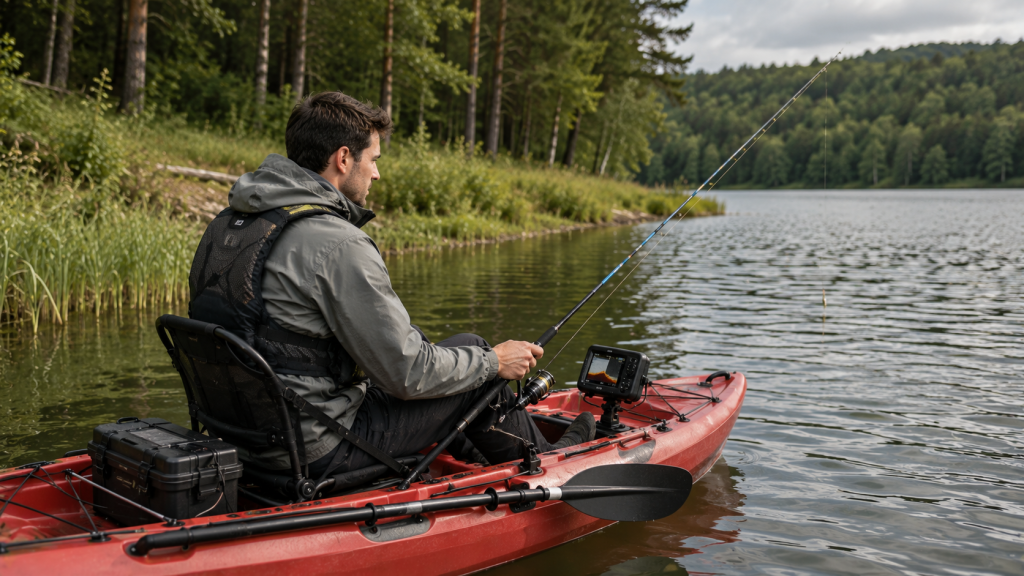 Kajakangler fischt von einem roten Paddelkajak mit kleinem Fishfinder auf einer Rail-Halterung