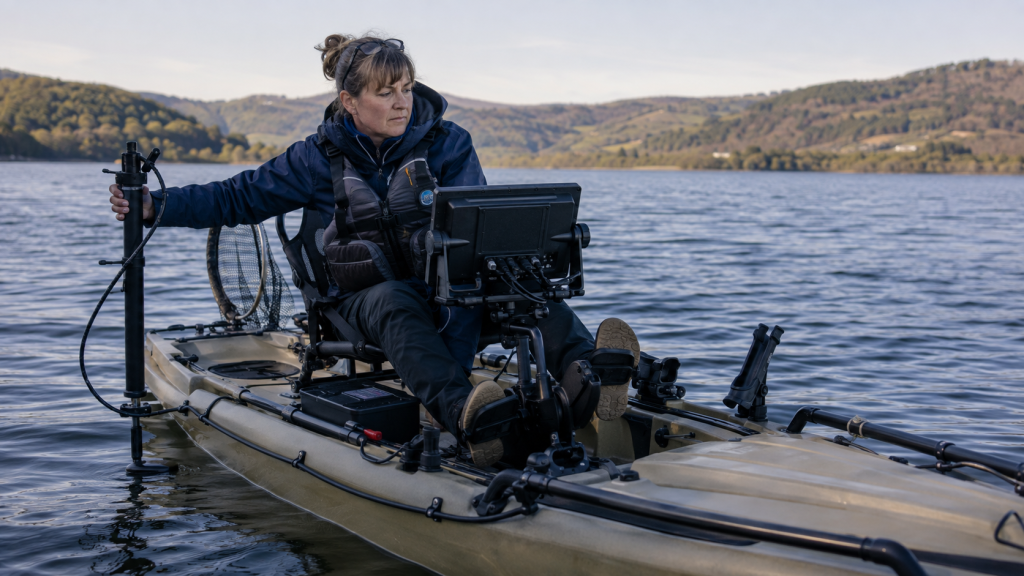 Anglerin auf einem Pedal-Angelkajak mit großem Fishfinder, Powerbox und schwenkbarer Geberstange