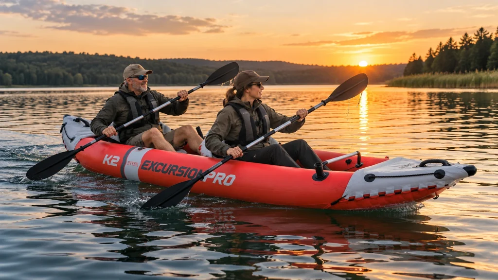 Zwei Personen im roten Intex Excursion Pro K2 aufblasbaren Zweierkajak beim Paddeln auf einem ruhigen See
