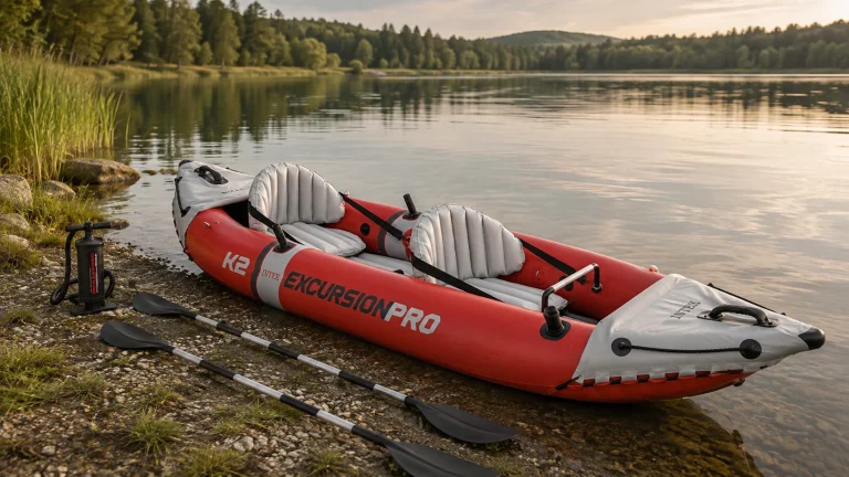 Rotes Intex Excursion Pro K2 aufblasbares Zweierkajak mit zwei Sitzen, Paddeln und Luftpumpe startklar am Seeufer
