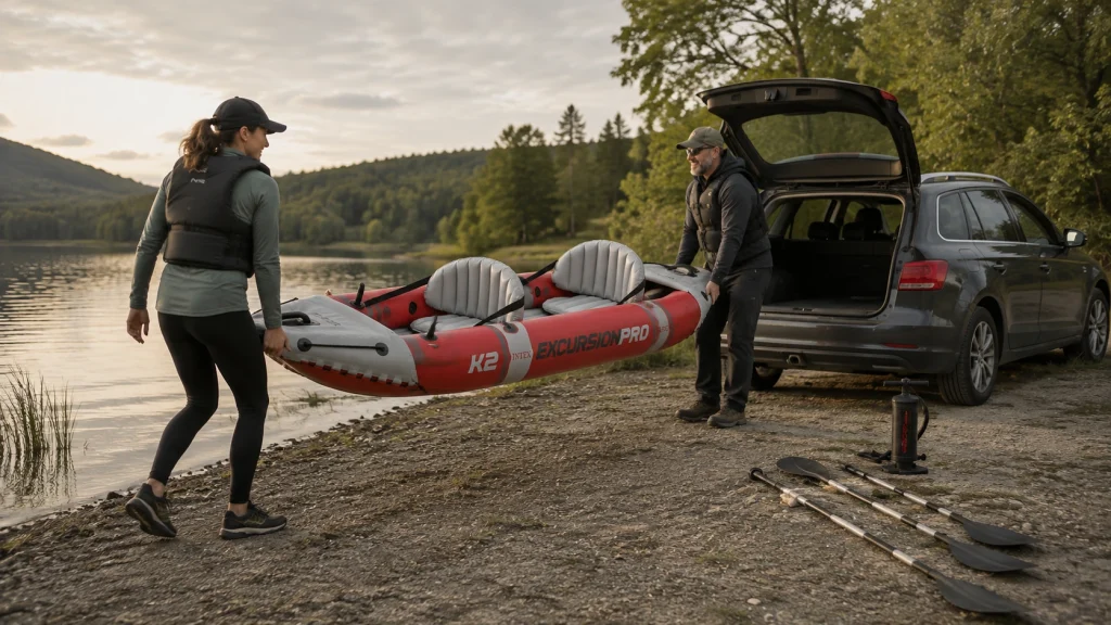 Zwei Personen tragen das aufgebaute Intex Excursion Pro K2 vom geöffneten Kofferraum zum See