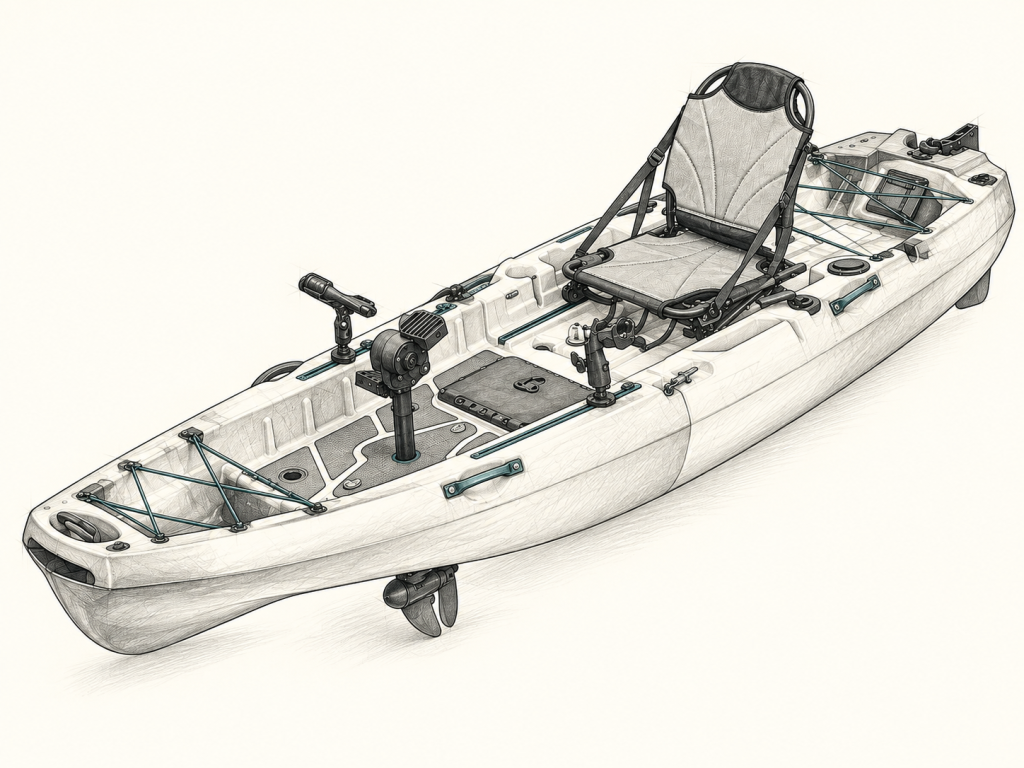 KI-generierte Produktskizze des KOL Outdoor Dentex One Modular mit Propeller-Pedalantrieb und erhöhtem Sitz