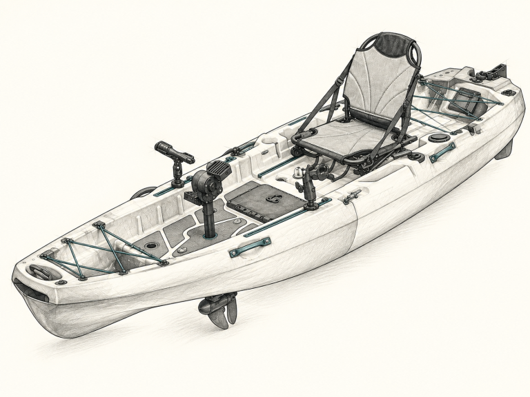 KI-generierte Produktskizze des KOL Outdoor Dentex One Modular mit Propeller-Pedalantrieb und erhöhtem Sitz