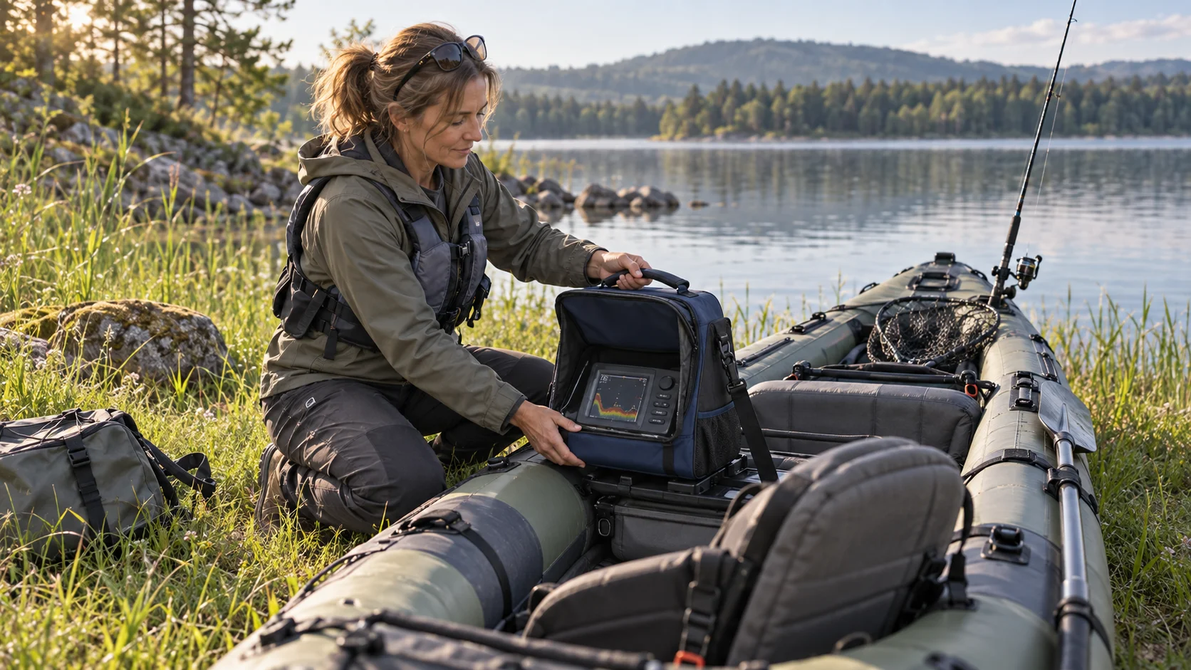 Frau setzt eine mobile Echolottasche mit Fishfinder in ein aufblasbares Angelkajak ein