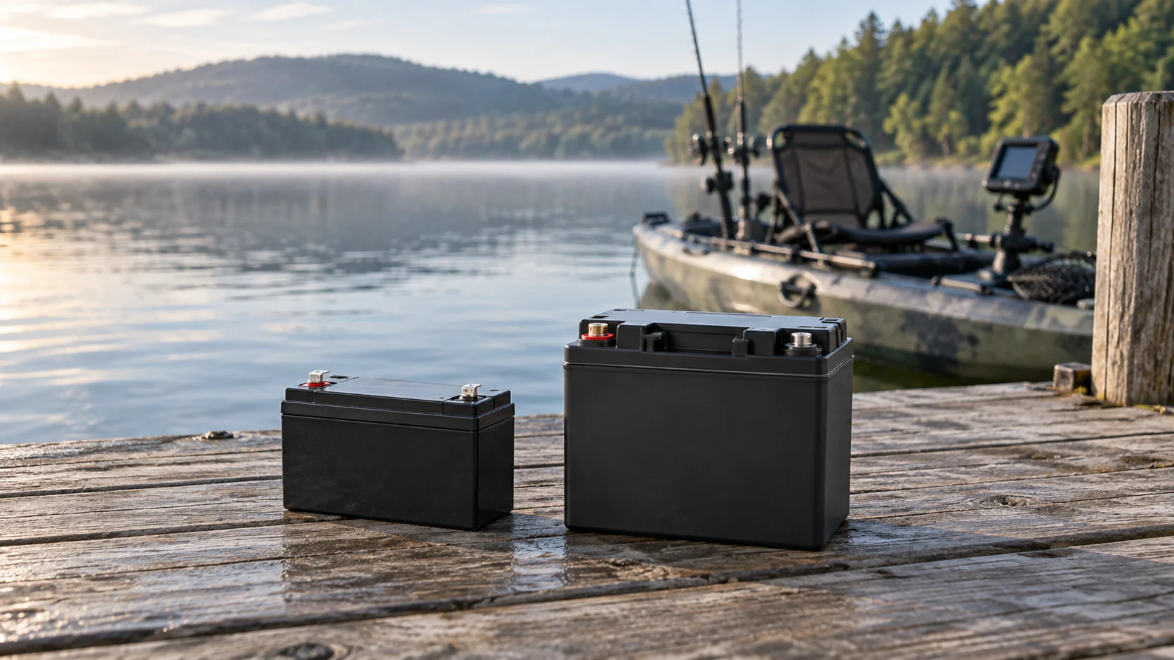 Zwei unterschiedlich große 12-V-Batterien auf einem Holzsteg vor einem Angelkajak