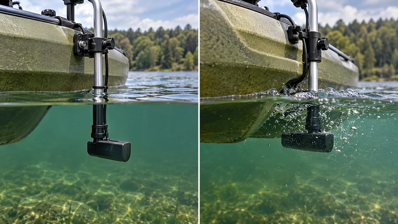 Vergleich zweier Echolot-Geberpositionen am Kajakrumpf mit ruhigem Wasser und Turbulenzen