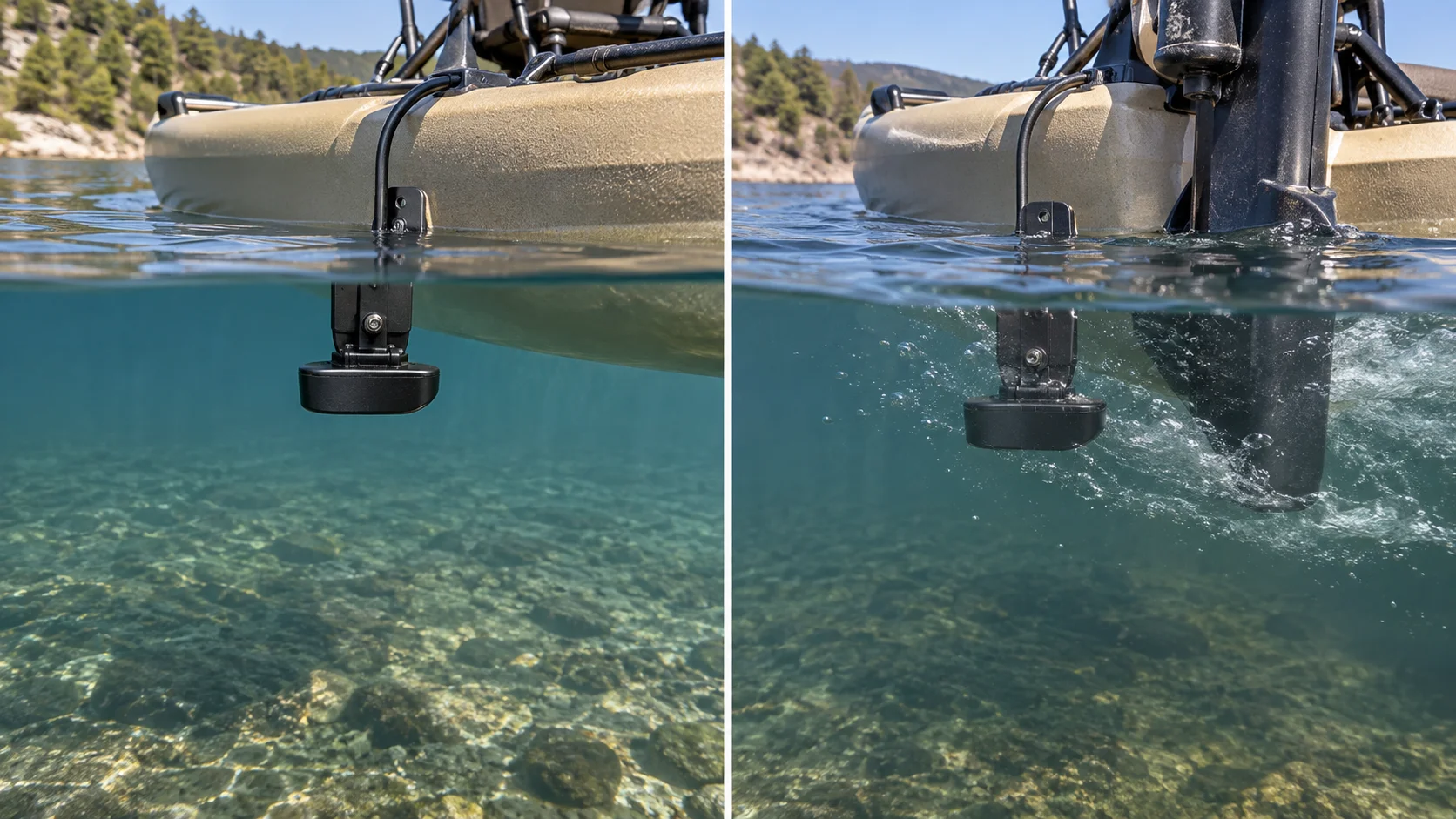 Vergleich eines Echolot-Gebers in sauberem Wasser und neben turbulenter Strömung mit Luftblasen am Kajak