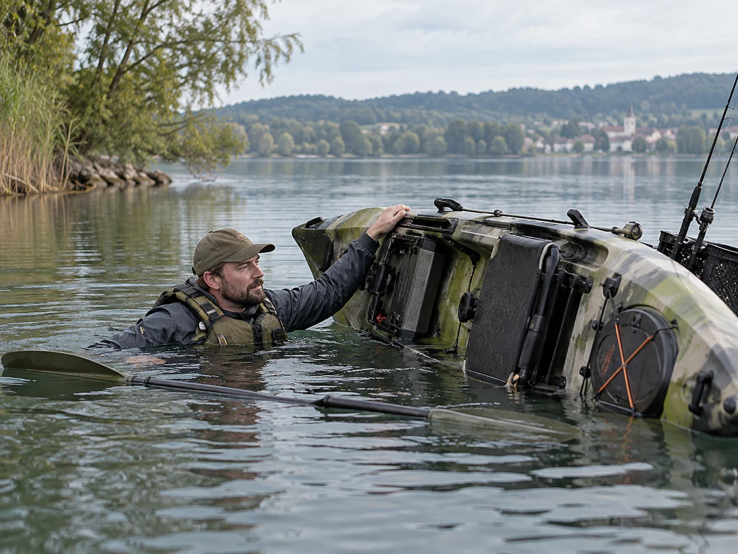 Angler mit Schwimmweste im Wasser neben einem gekenterten Angelkajak und dem schwimmenden Paddel