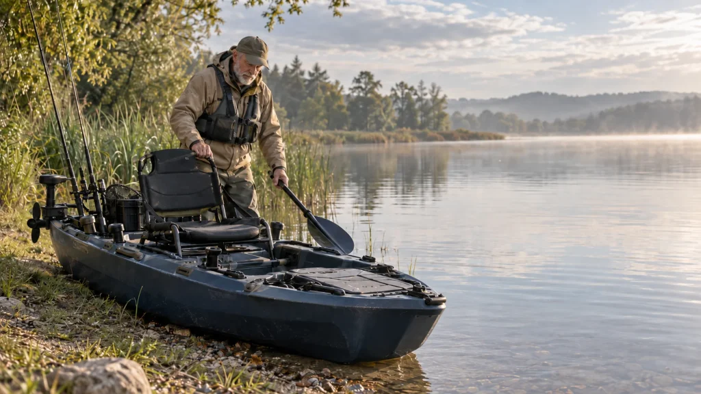Angler bereitet ein Angelkajak mit Elektromotor am ruhigen Seeufer vor