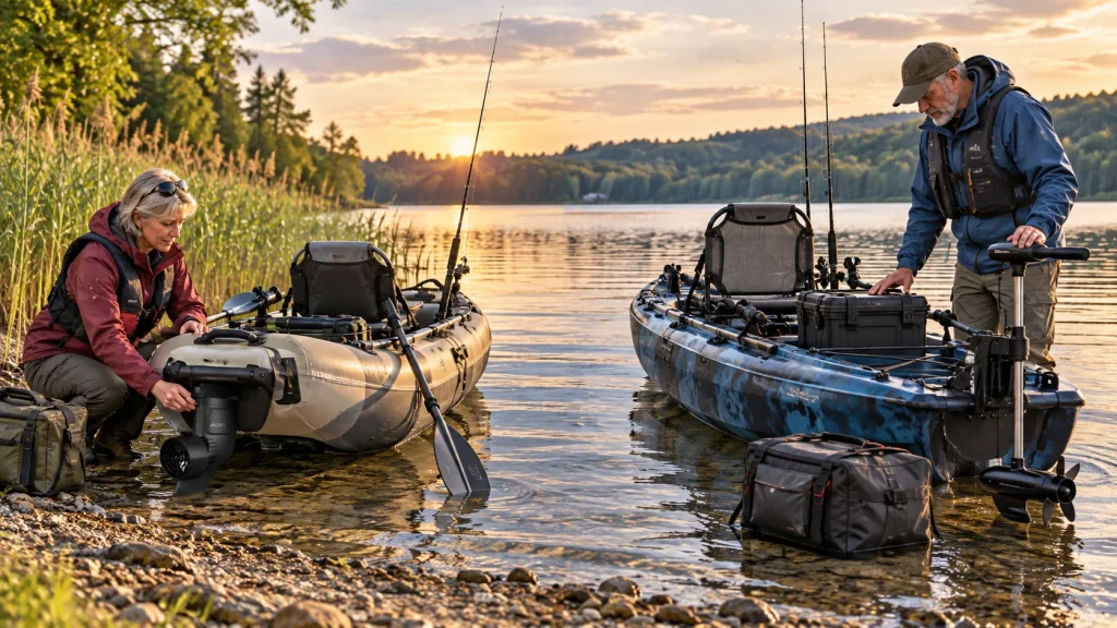 Zwei Angler vergleichen motorisierte Setups an aufblasbarem und festem Angelkajak