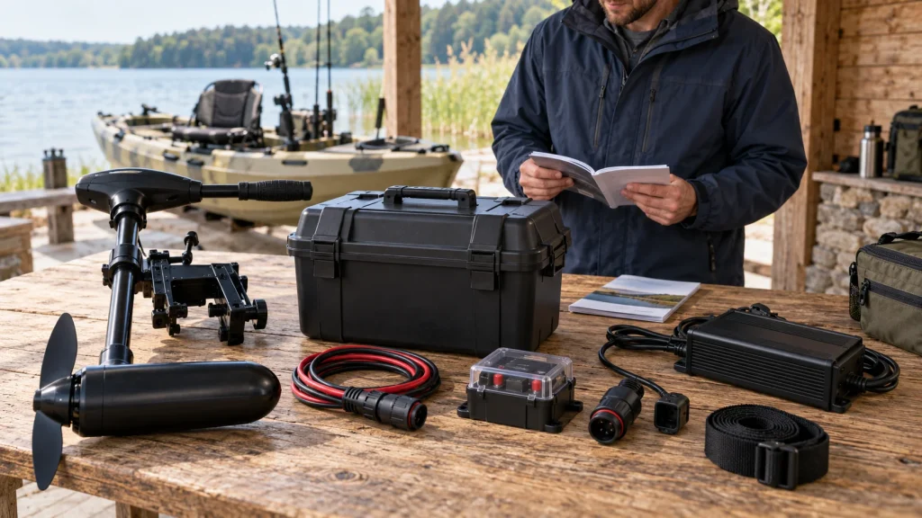 Elektromotor, Batteriebox, Kabel, Sicherung und Ladegerät auf einem Tisch am See