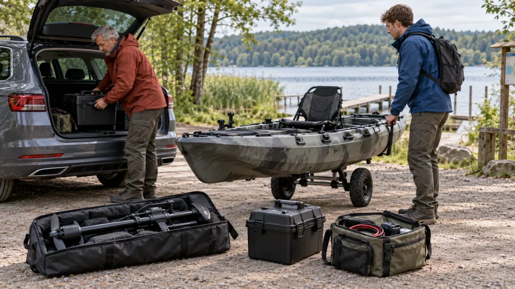 Zwei Personen verladen Angelkajak, Motor, Batteriebox und Zubehör am See