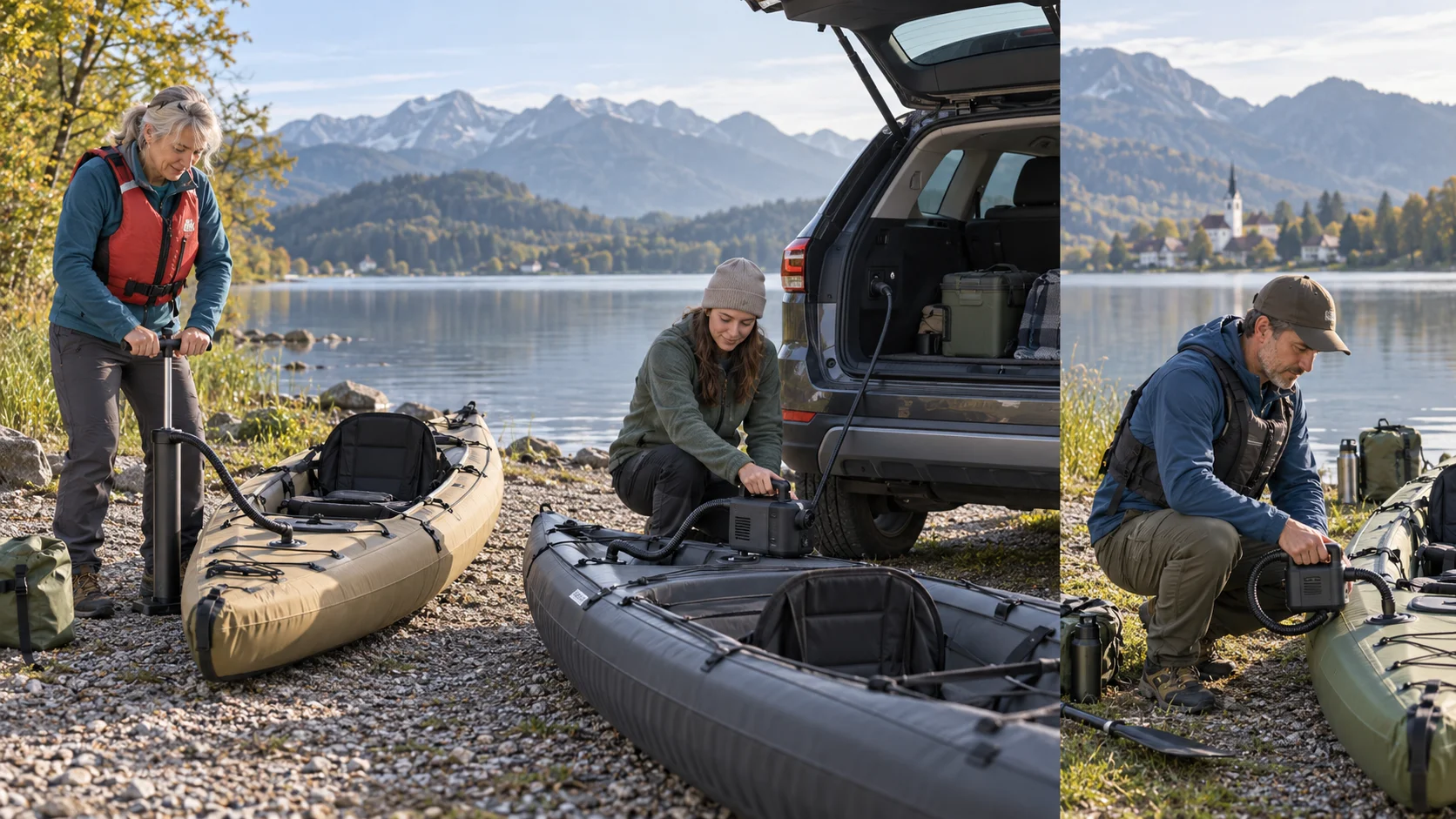 Dreiteilige Outdoor-Szene mit verschiedenen Personen, die ein aufblasbares Kajak per Handpumpe, 12-Volt-Pumpe und mobiler Pumpe aufpumpen.