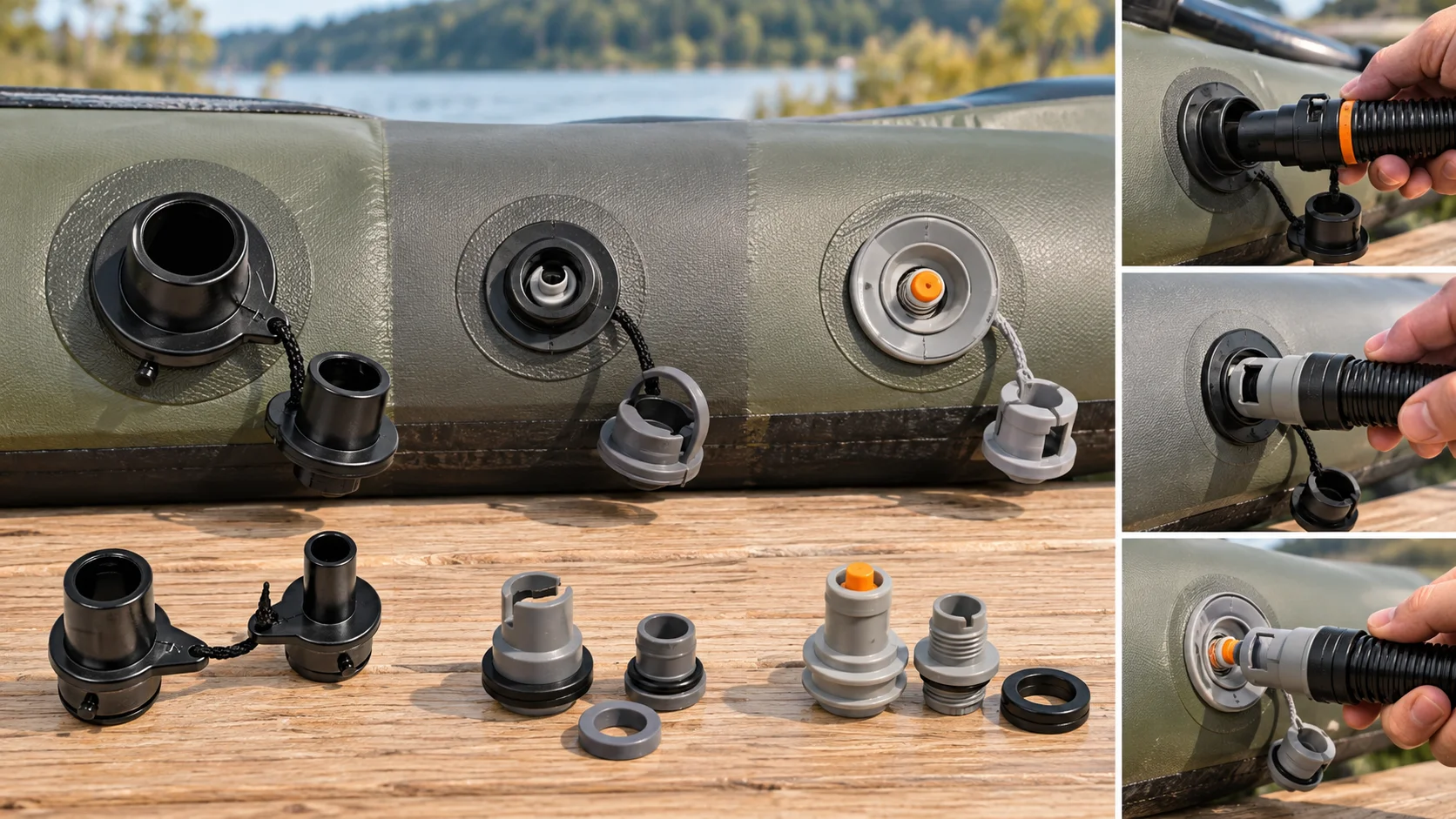 Detailübersicht verschiedener Kajak-Ventile und passender Pumpenadapter auf einem Holzsteg.