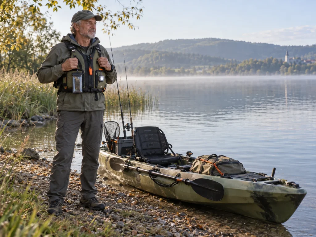 Älterer Angler mit Schwimmweste und Sicherheitsausrüstung neben einem startklaren Angelkajak am See