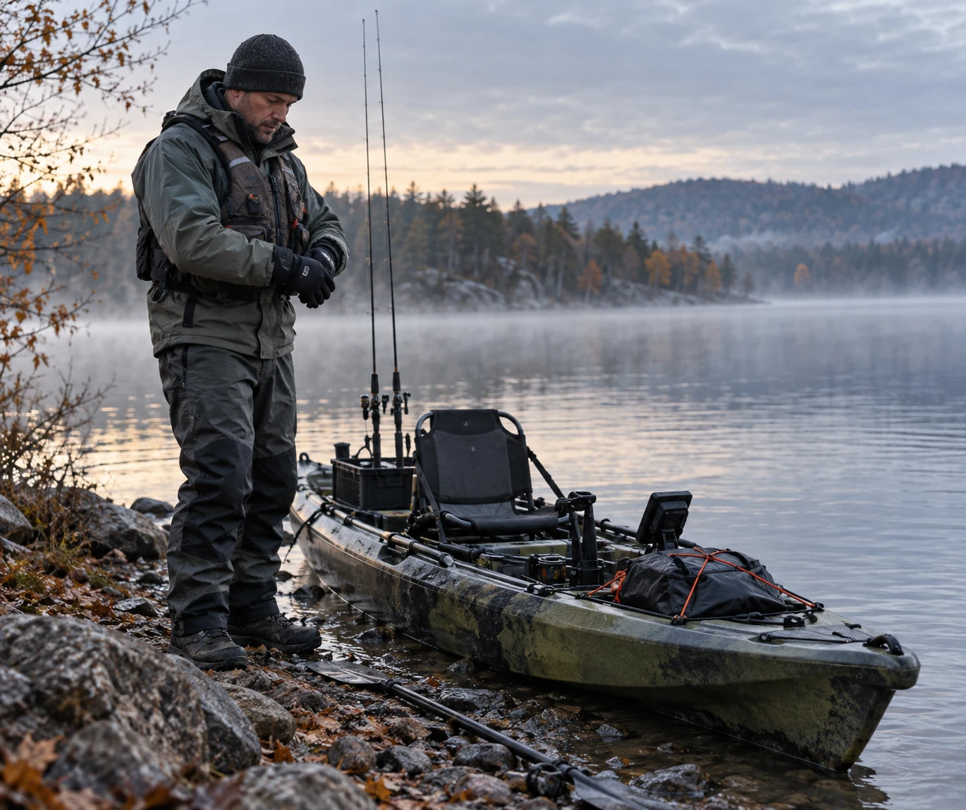 Warm gekleideter Kajakangler mit Schwimmweste bereitet sein Angelkajak an einem kalten herbstlichen See vor