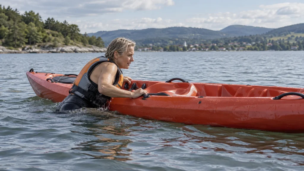 Kajakfahrer beim Wiedereinstieg in ein Sit-on-top-Angelkajak mit angelegter Schwimmweste
