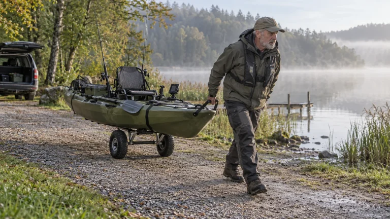 Älterer Angler zieht ein breites Angelkajak auf einem Kajakwagen über einen Schotterweg zum See