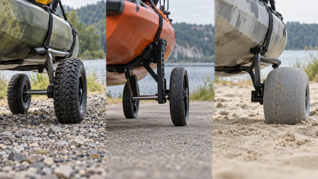Drei Kajakwagen mit Luftreifen, Vollgummireifen und breitem Sandrad auf Kies, festem Weg und Sand