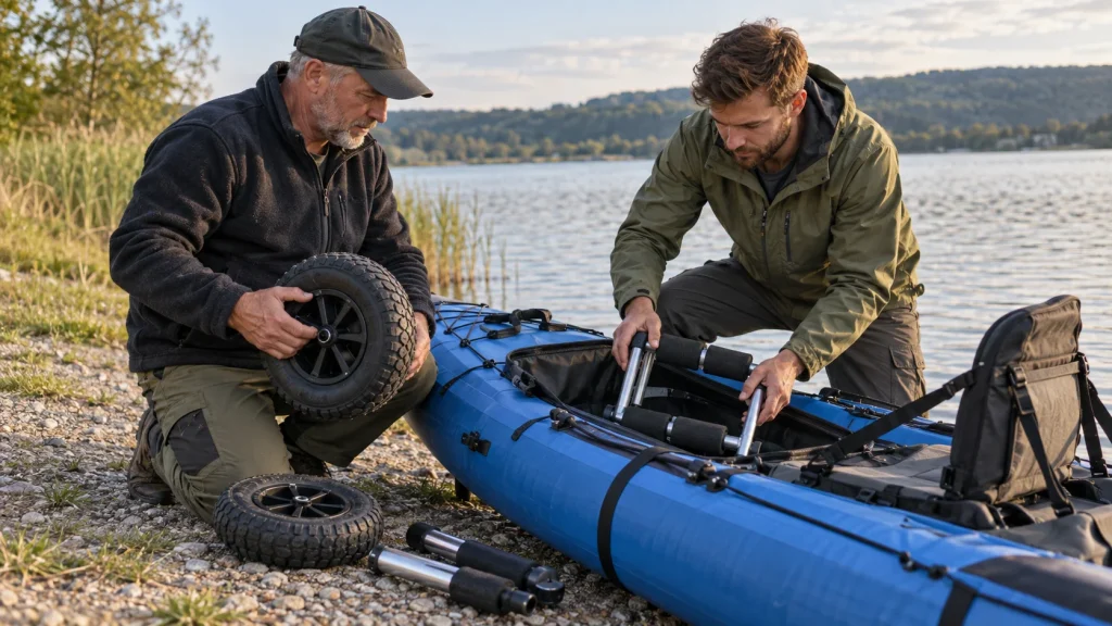 Zwei Angler zerlegen einen Kajakwagen und verstauen Rahmenteile und Räder an einem blauen Angelkajak