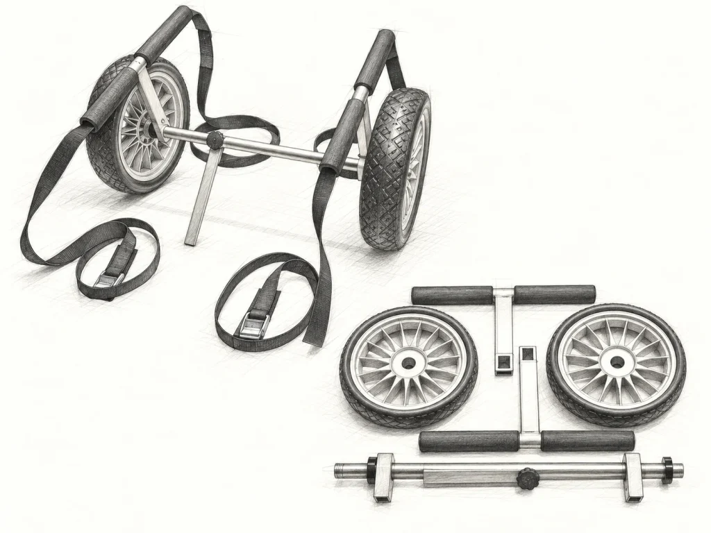 Produktillustration des Prijon Steel S 90192 Bootswagens mit zerlegbarem Rahmen, Gurten und pannensicheren Rädern