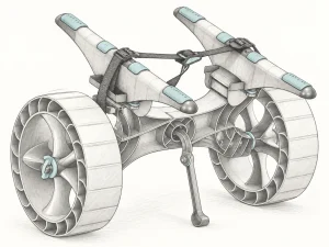 Produktillustration eines RAILBLAZA C-Tug Kajakwagens mit breiten SandTrakz-Rädern und verstellbaren Auflagen