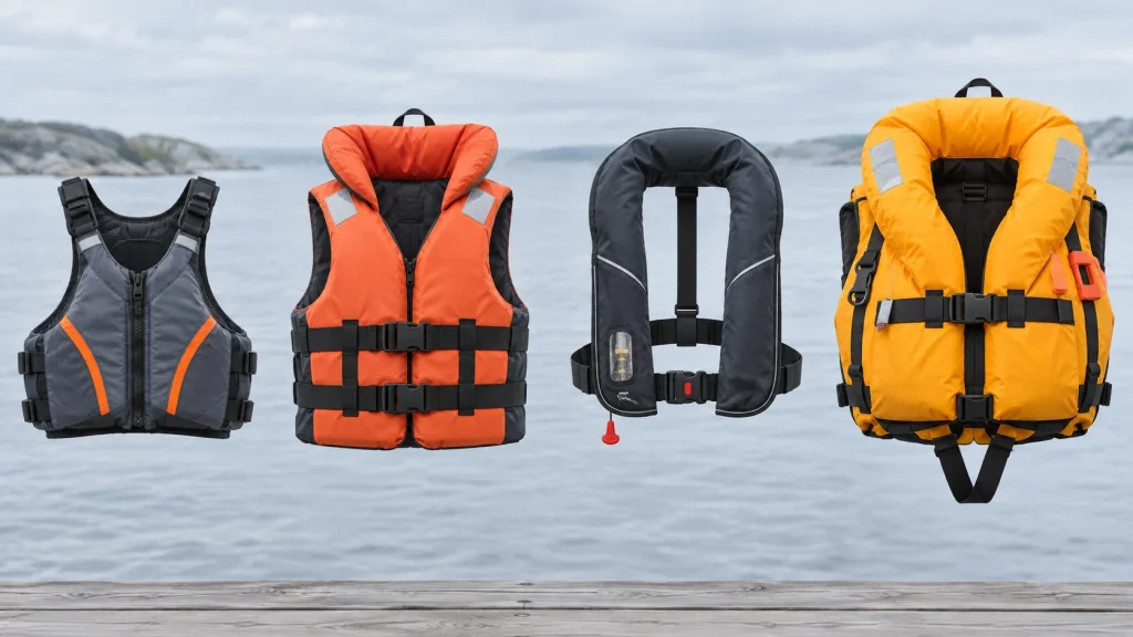 Illustrativer Vergleich verschiedener Schwimmhilfen und Rettungswesten der Leistungsklassen 50, 100, 150 und 275 N