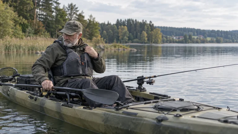 Angler im Angelkajak mit gut sitzender Feststoff-Auftriebshilfe und hohem Kajaksitz