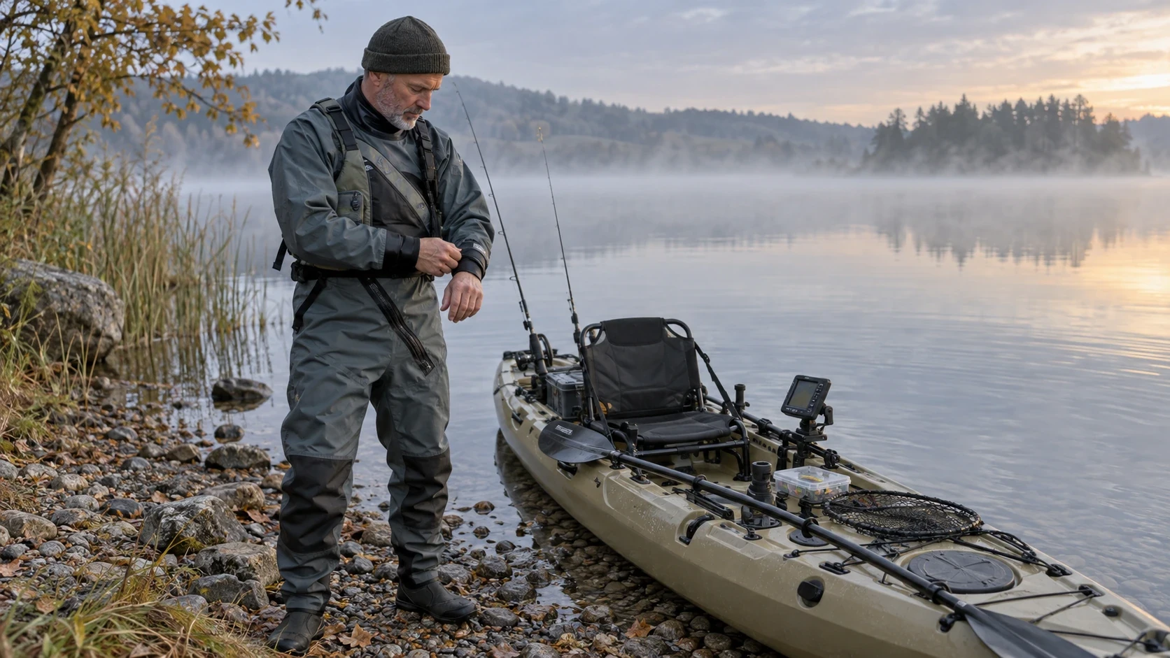 Angler im Trockenanzug bereitet sein Angelkajak an einem kühlen Seeufer für die Tour vor