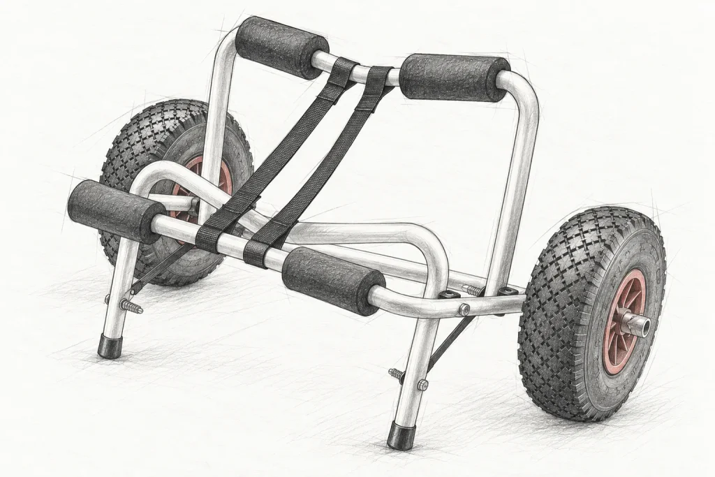 Produktillustration des Wiltec 61032 Kajakwagens mit Aluminiumrahmen, gepolsterten Auflagen, Gurten und Luftreifen