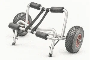 Produktillustration des Wiltec 61032 Kajakwagens mit Aluminiumrahmen, gepolsterten Auflagen, Gurten und Luftreifen