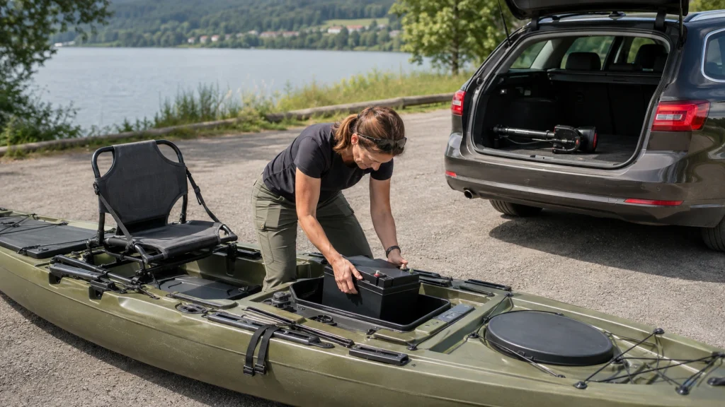 Anglerin setzt eine 100-Ah-LiFePO4-Batterie in den gesicherten Stauraum eines Angelkajaks ein